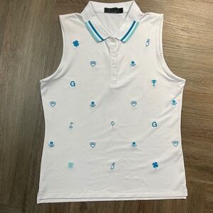 G/FORE Embroidered Skulls Sleeveless Golf Polo Shirt Womens Medium White Blue